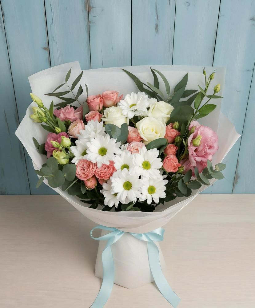 Букет цветов из: Розы, Лизиантусы и Хризантемы в Новоживотинном