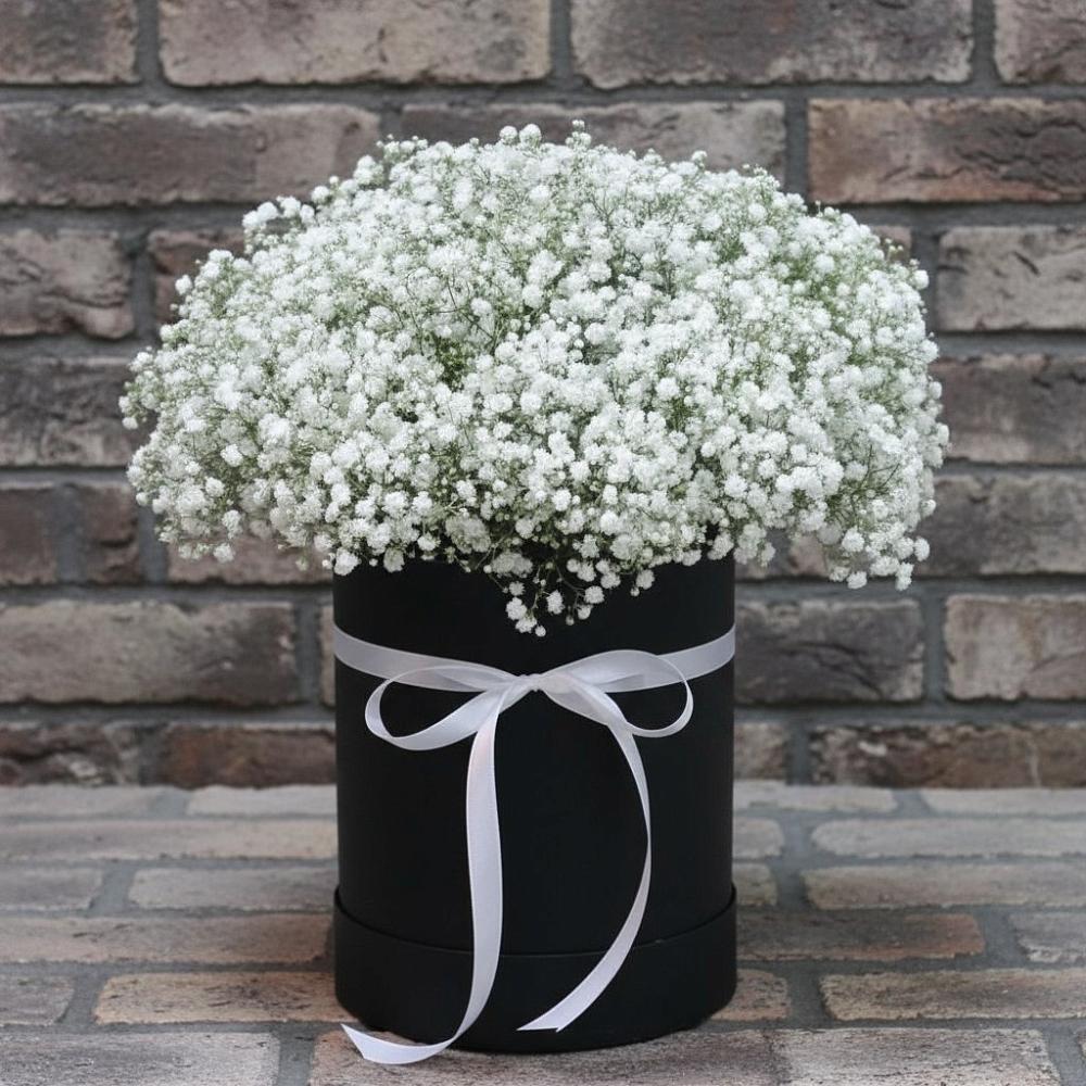 Цветочная композиция из Гипсофила в шляпной коробке в Новоживотинном