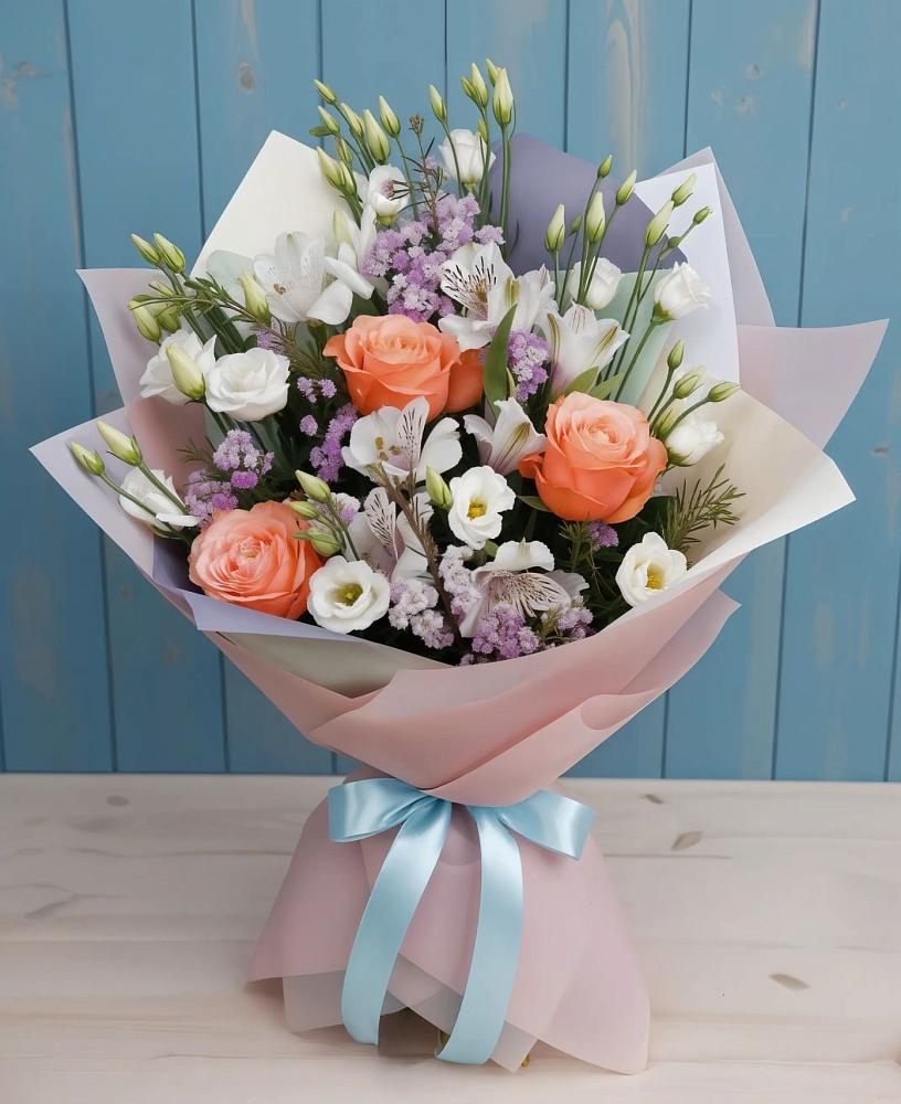 Букет цветов из: Лизиантусы, Розы, Альстромерии и Гипсофила в Новоживотинном