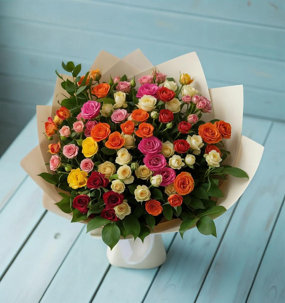 Букет Микс из разноцветных кустовых роз в Новоживотинном