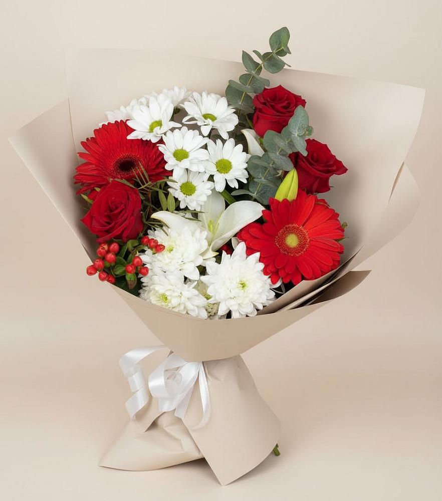 Букет цветов из: Розы, Хризантемы, Герберы и Лилии в Новоживотинном