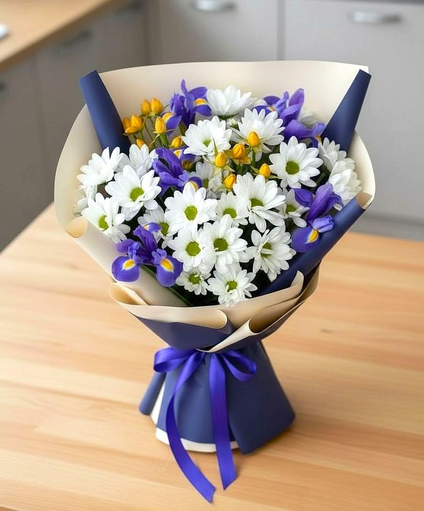 Букет цветов из: Розы, Ирисы и Хризантемы в Новоживотинном