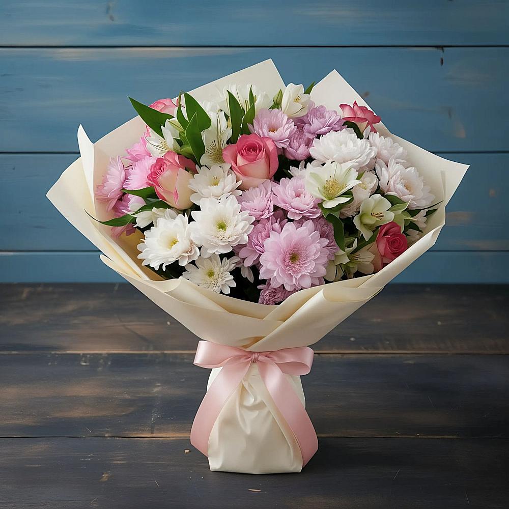 Букет цветов из: Хризантемы, Альстромерии и Розы в Новоживотинном